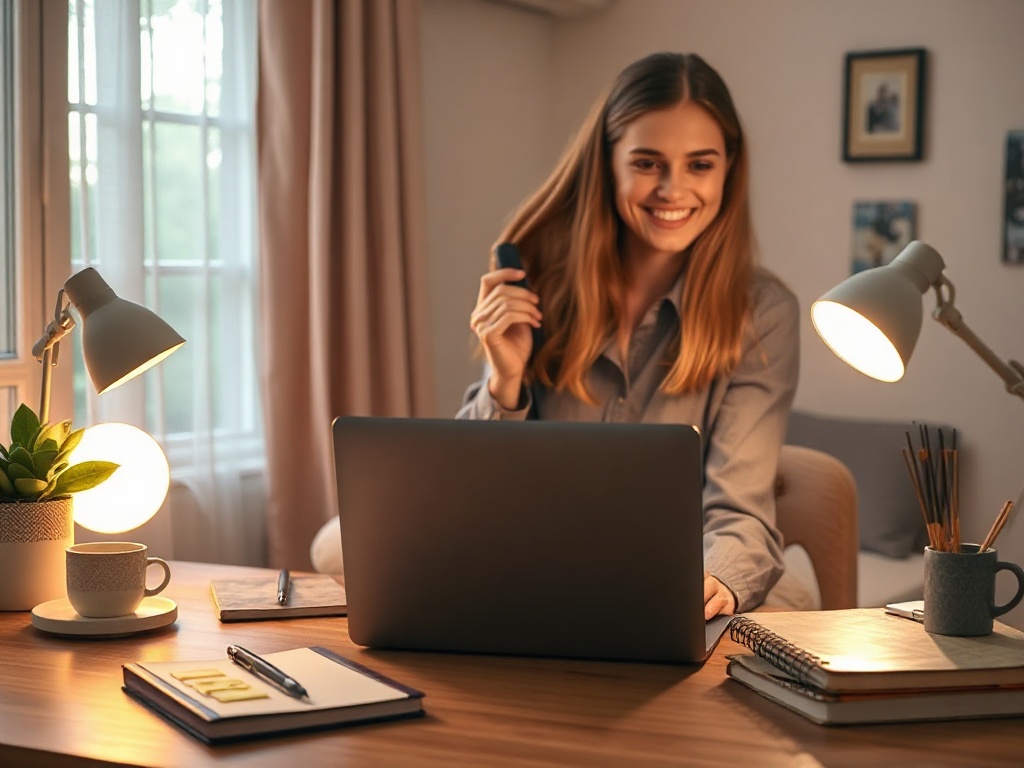 Cozy home office scene "person" on laptop in video call "glowing webcam light", calm supportive mood, notebooks with sticky notes, warm lighting, modern. You MUST not include ANY brand images or logos. You may ONLY reply with the format given. If you do N