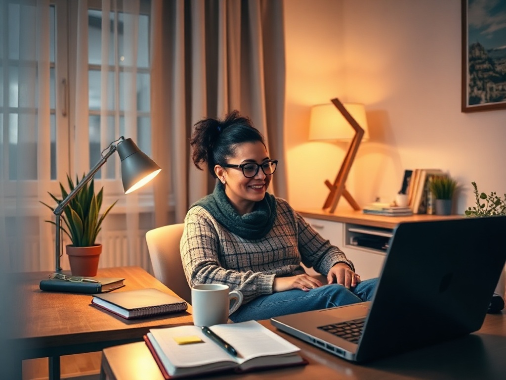 Cozy home office scene "person" on laptop in video call "glowing webcam light", calm supportive mood, notebooks with sticky notes, warm lighting, modern. You MUST not include ANY brand images or logos. You may ONLY reply with the format given. If you do N