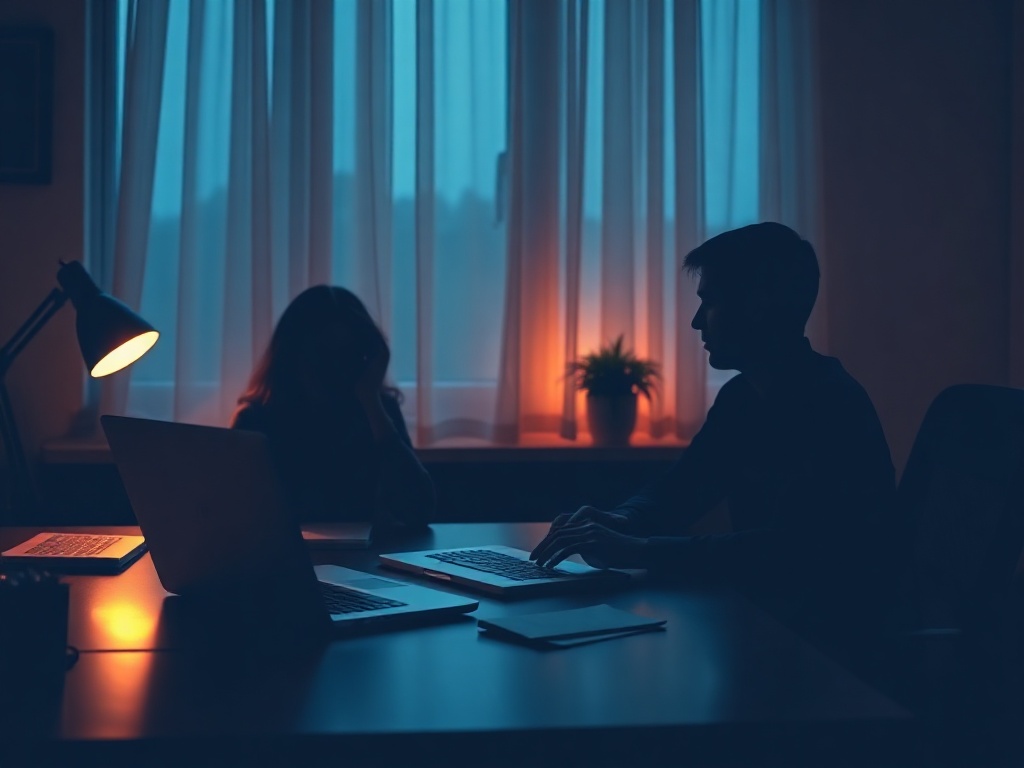 "warm home office" "laptop with video call glow" "two people silhouettes" "notes and sticky reminders" "focused calm mood" "encouraging feedback"
