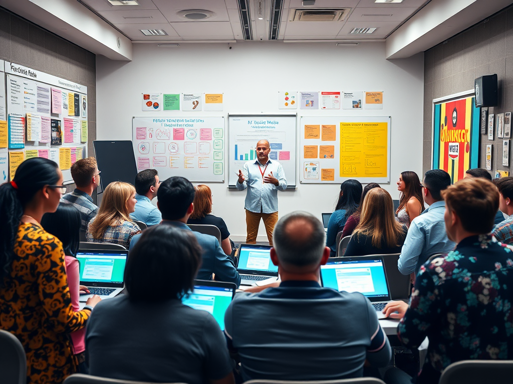 Een levendige workshop met diverse deelnemers en een spreker.