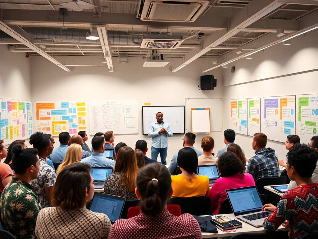 Een levendige workshop met diverse deelnemers en een spreker.