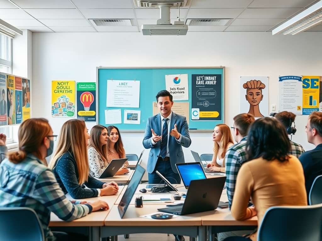 Een zelfverzekerde expert leidt een groep ondernemers in een klaslokaal.