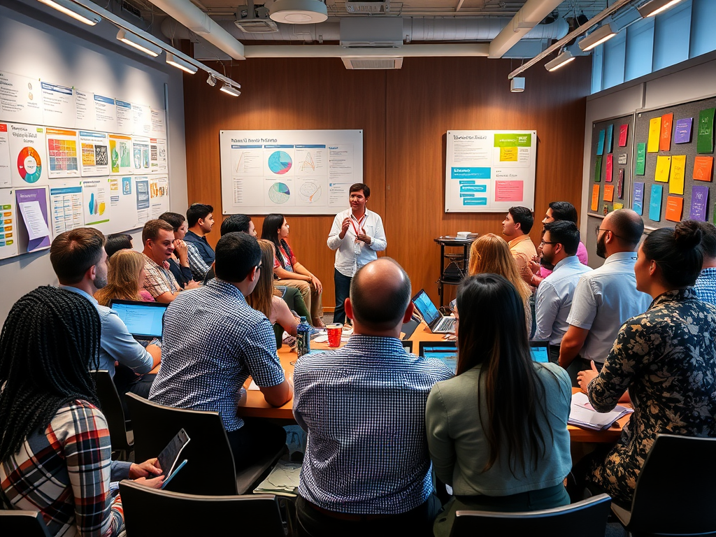 Een levendige workshop met diverse deelnemers en een spreker.