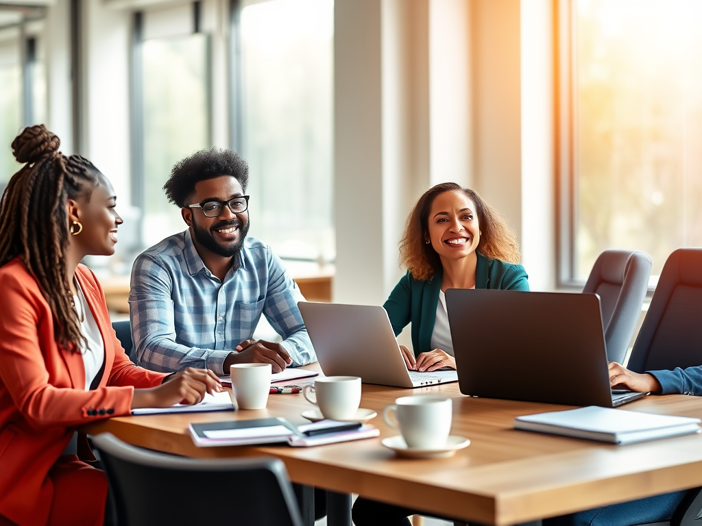 "three diverse professionals" "engaged in a vibrant, creative business meeting" "bright, modern office setting" "notebooks, laptops, coffee cups on table" "expressions of focus and inspiration" "sunlight streaming through large windows"