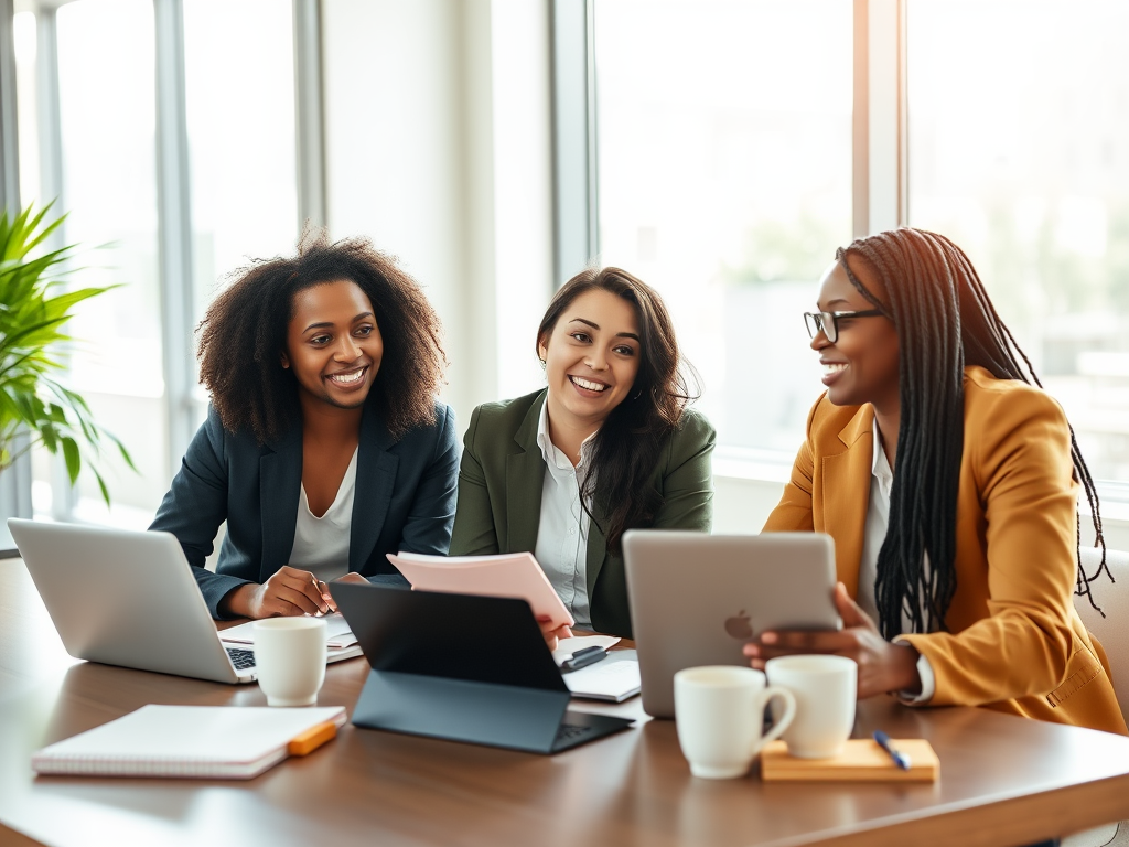 "three diverse professionals" "engaged in a vibrant, creative business meeting" "bright, modern office setting" "notebooks, laptops, coffee cups on table" "expressions of focus and inspiration" "sunlight streaming through large windows"