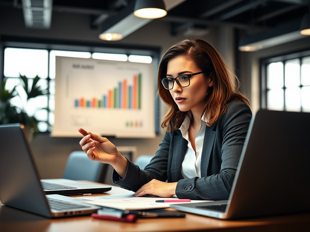 "a focused professional woman", "intense 60-minute session", "expert analyzing data charts", "customized advice meeting", "bright workspace with laptops and notes"