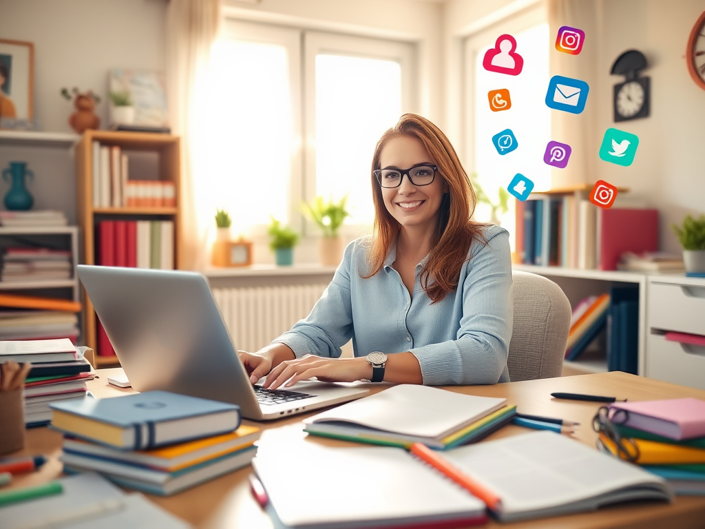 "a confident coach" "working on a laptop" "bright, cozy home office" "colorful workbooks and notes scattered" "calendar and planner open" "sunlight streaming through window" "creative social media icons floating subtly"