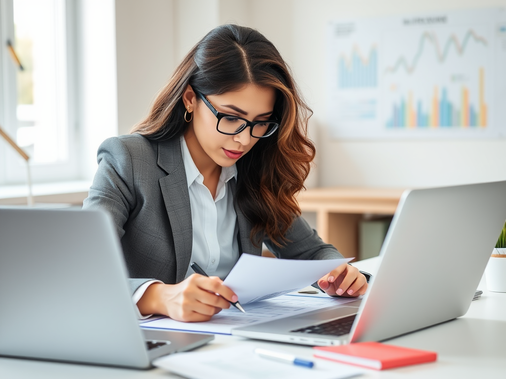 "a focused professional woman", "intense 60-minute session", "expert analyzing data charts", "customized advice meeting", "bright workspace with laptops and notes"