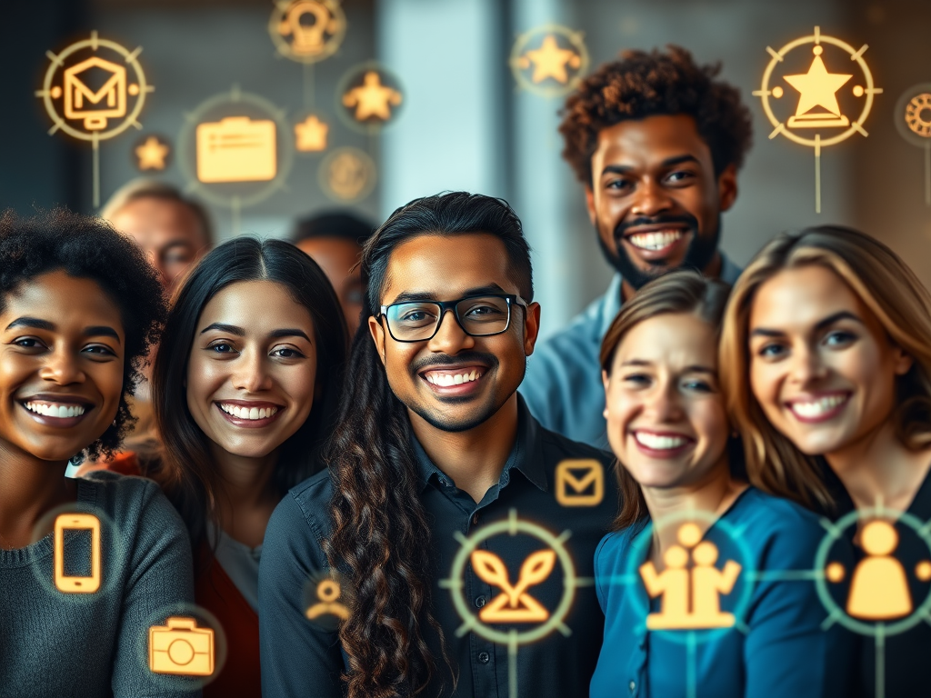 A diverse group of confident people smiling, surrounded by glowing digital icons representing growth, connection, and success, with a warm, inspiring atmosphere.