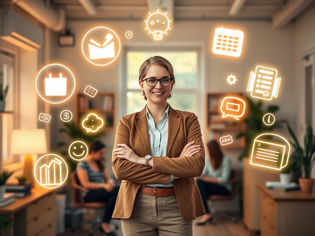 "A confident coach standing in a bright office" "surrounded by glowing icons of visibility, storytelling, and organization" "calendar and content planning elements floating" "warm, professional atmosphere" "engaged clients in background"