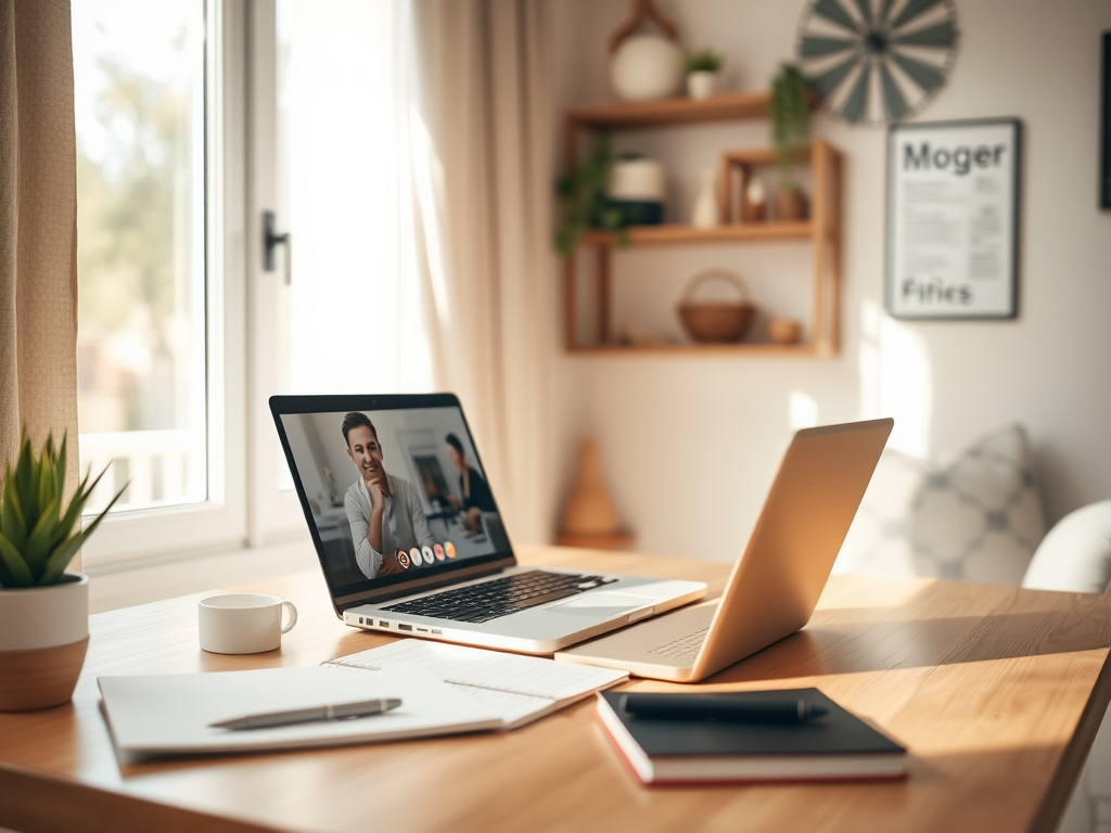 "a cozy workspace" with "laptop open on video call," "notebook and pen beside it," "calm natural light," "focused professional face," "minimalist decor," and "soft warm colors."