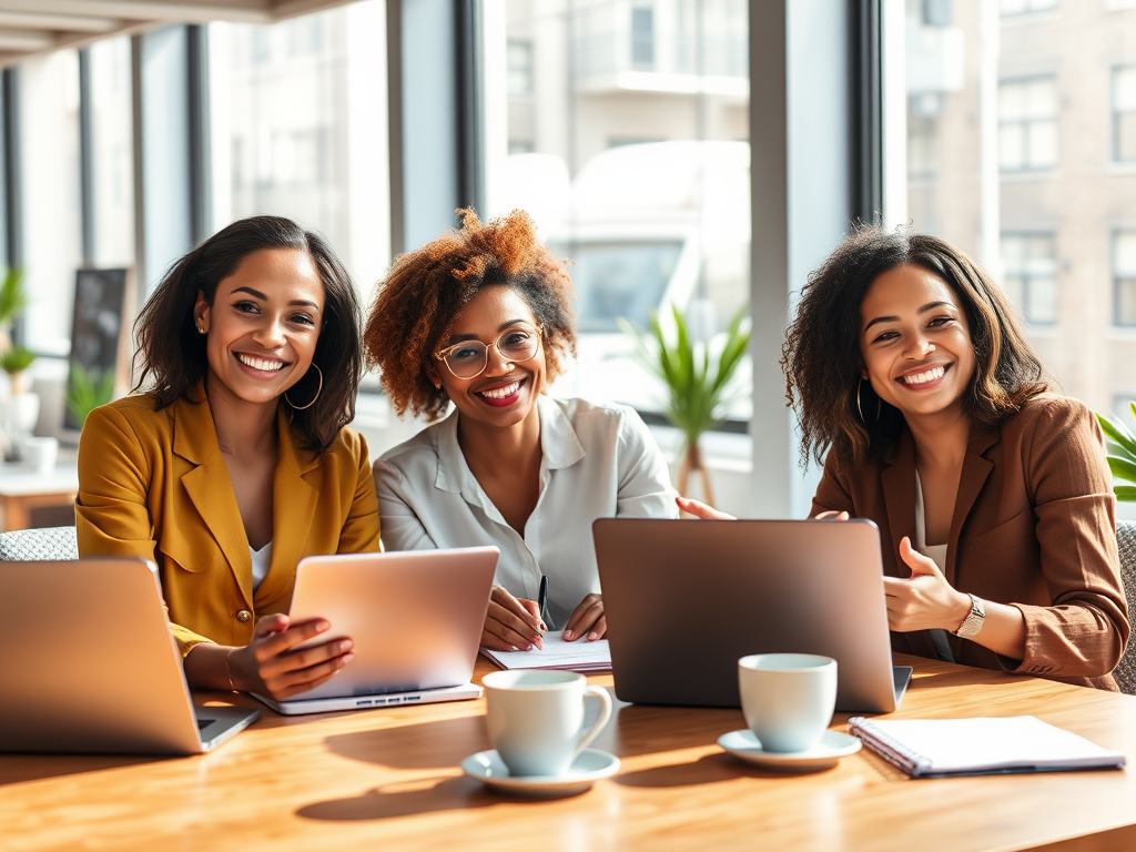 "three diverse professionals" "engaged in a vibrant, creative business meeting" "bright, modern office setting" "notebooks, laptops, coffee cups on table" "expressions of focus and inspiration" "sunlight streaming through large windows"