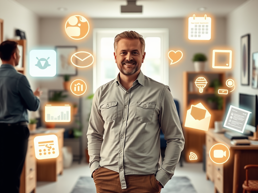 "A confident coach standing in a bright office" "surrounded by glowing icons of visibility, storytelling, and organization" "calendar and content planning elements floating" "warm, professional atmosphere" "engaged clients in background"