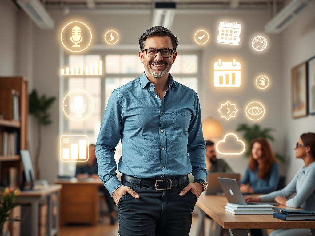 "A confident coach standing in a bright office" "surrounded by glowing icons of visibility, storytelling, and organization" "calendar and content planning elements floating" "warm, professional atmosphere" "engaged clients in background"