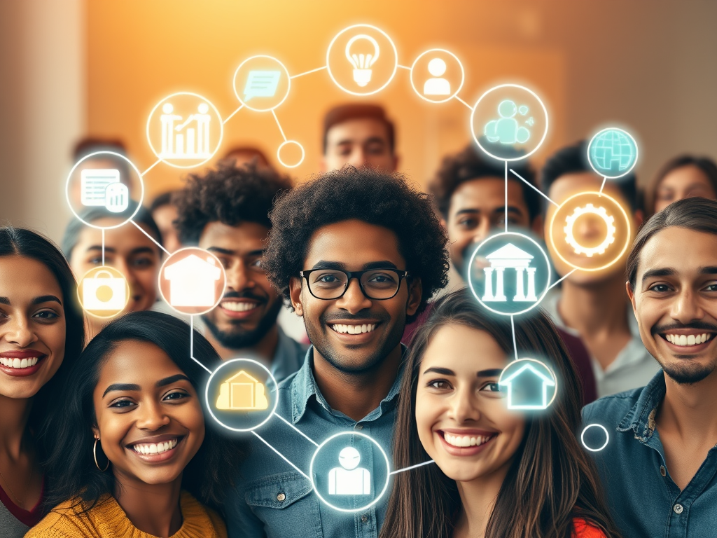 A diverse group of confident people smiling, surrounded by glowing digital icons representing growth, connection, and success, with a warm, inspiring atmosphere.