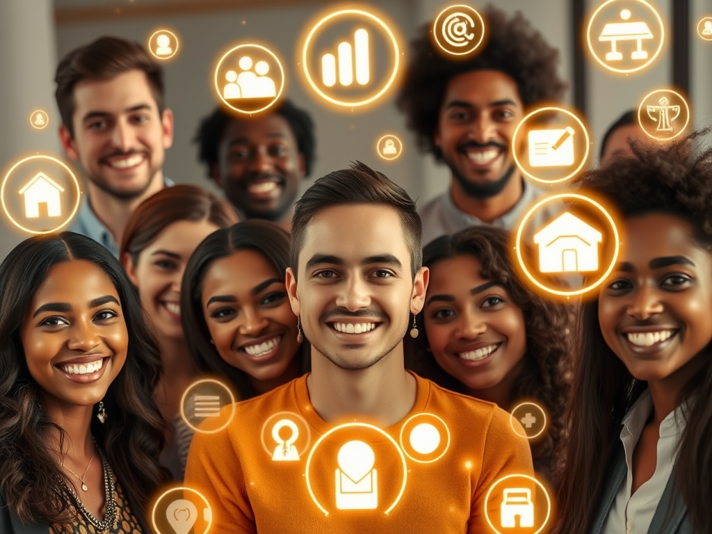 A diverse group of confident people smiling, surrounded by glowing digital icons representing growth, connection, and success, with a warm, inspiring atmosphere.