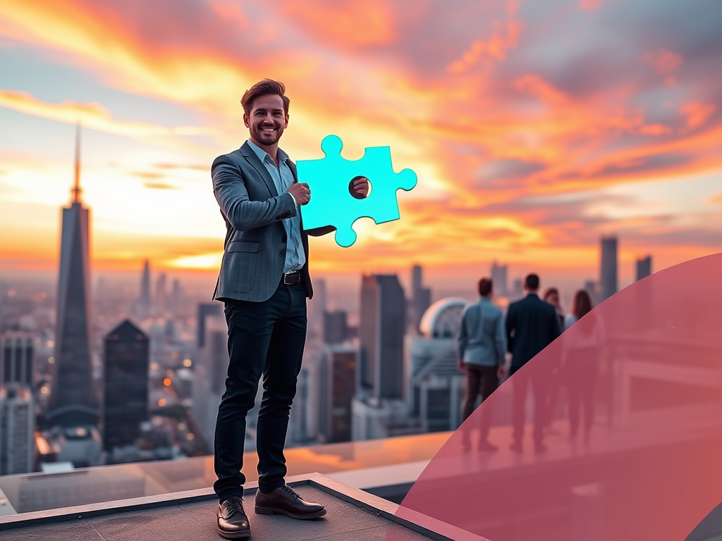 "a confident person standing on a vibrant city rooftop" "holding glowing puzzle pieces symbolizing brand growth" "sunset sky with warm, inspiring colors" "dynamic abstract shapes representing strategy and communication" "diverse group collaborating in bac