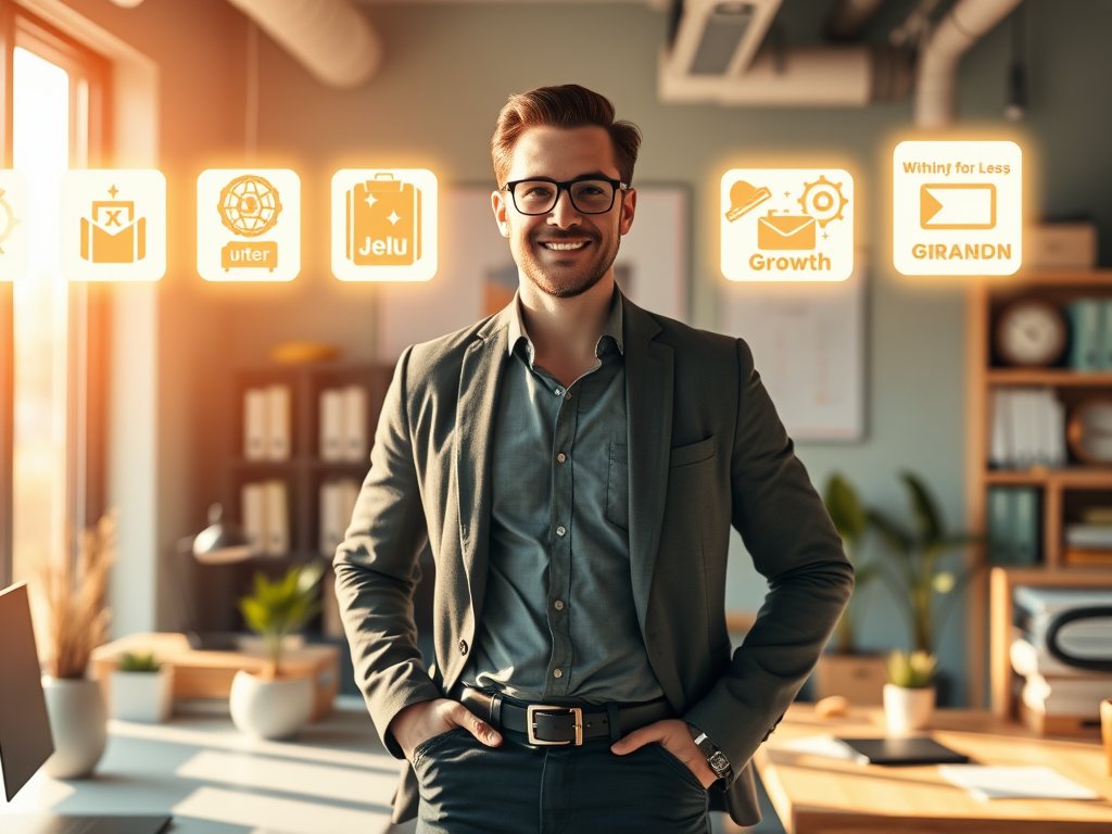 A confident entrepreneur standing in a vibrant workspace, surrounded by glowing icons of personal branding, five dynamic days represented by a calendar, warm sunlight highlighting focus and growth.