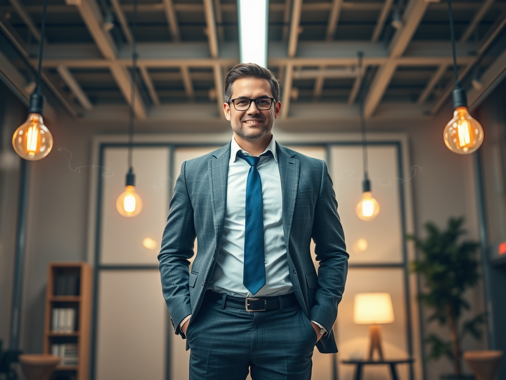 A confident businessperson standing in a bright office, surrounded by glowing lightbulbs and connected puzzle pieces symbolizing clarity and strategy.