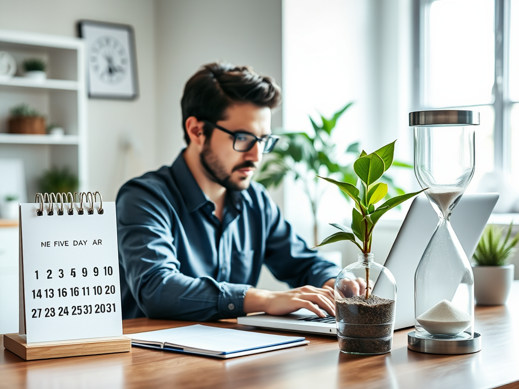 A focused person working on a laptop "five days calendar" "hourglass timer" "growing plant symbolizing growth" "confident, professional atmosphere" "bright, inspiring workspace"