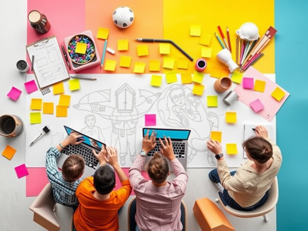 "A vibrant workspace" with "people collaborating energetically" around "laptops and sketches," surrounded by "bright post-it notes" and "creative tools."