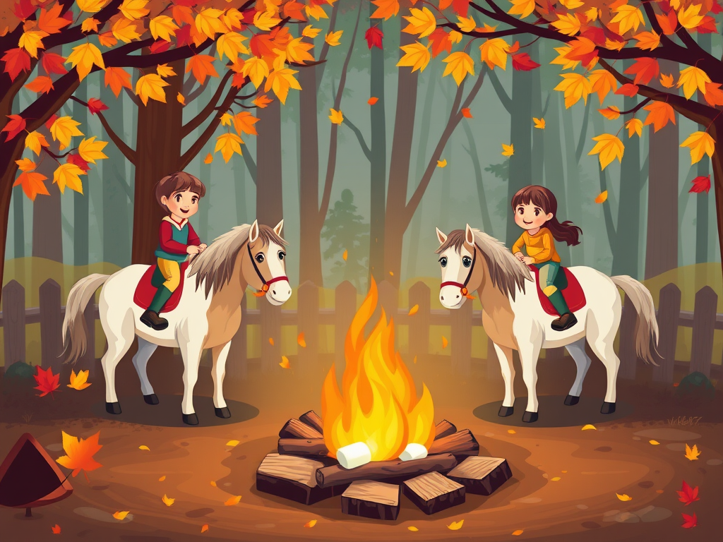 Kinderen op pony's rondom een kampvuur in de herfst.