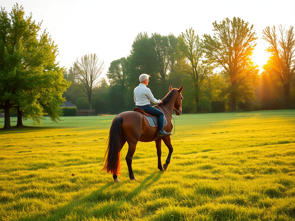 A serene horse riding scene at sunrise, "calm rider on horse" in a lush green field, "soft light filtering through trees," peaceful atmosphere, gentle breeze.