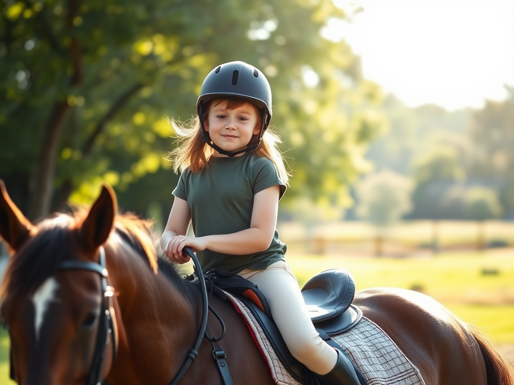 "young rider" "calm expression" "horse in gentle motion" "peaceful training field" "sunlight filtering through trees" "breathing exercises pose" "relaxed, focused atmosphere" "goal-setting with supportive mentor" "growth and confidence themes"