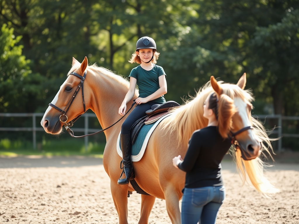 "young rider" "calm expression" "horse in gentle motion" "peaceful training field" "sunlight filtering through trees" "breathing exercises pose" "relaxed, focused atmosphere" "goal-setting with supportive mentor" "growth and confidence themes"