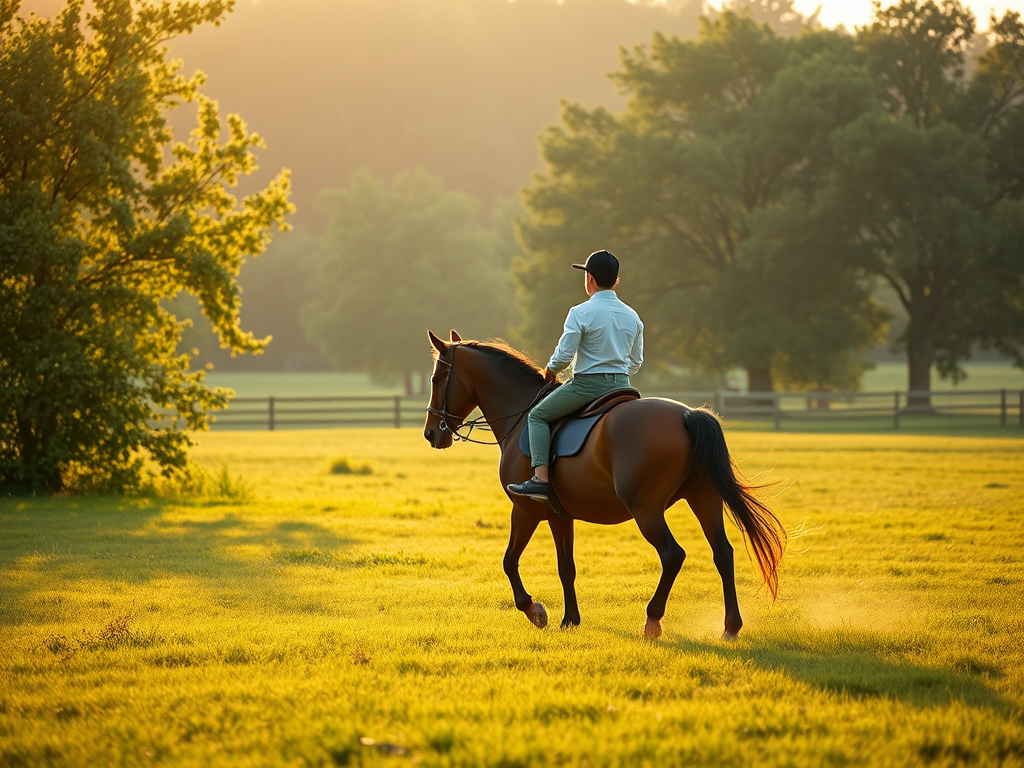 A serene horse riding scene at sunrise, "calm rider on horse" in a lush green field, "soft light filtering through trees," peaceful atmosphere, gentle breeze.