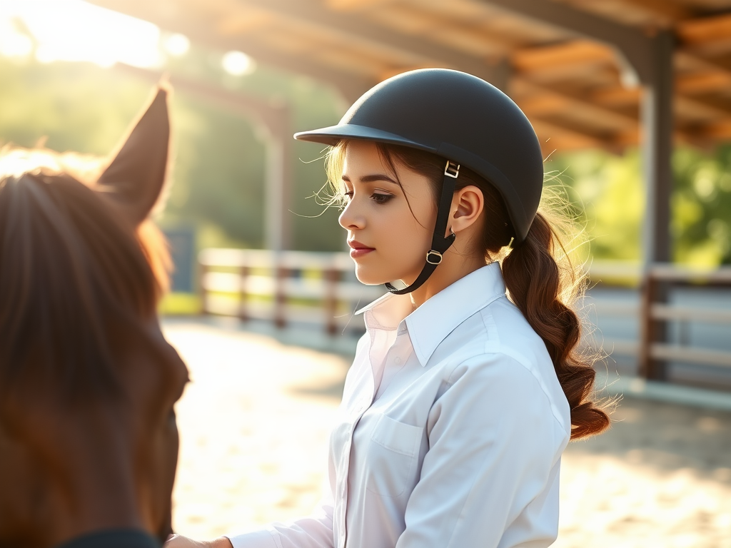 A young equestrian rider in a serene outdoor arena, surrounded by soft sunlight, calming nature, focused expression, deep breathing, gentle horse interaction.