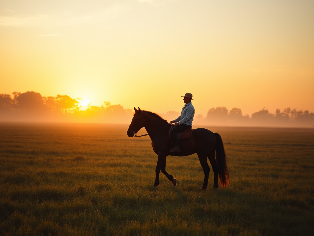 A serene horse riding scene at sunrise, "calm rider on horse" in a lush green field, "soft light filtering through trees," peaceful atmosphere, gentle breeze.