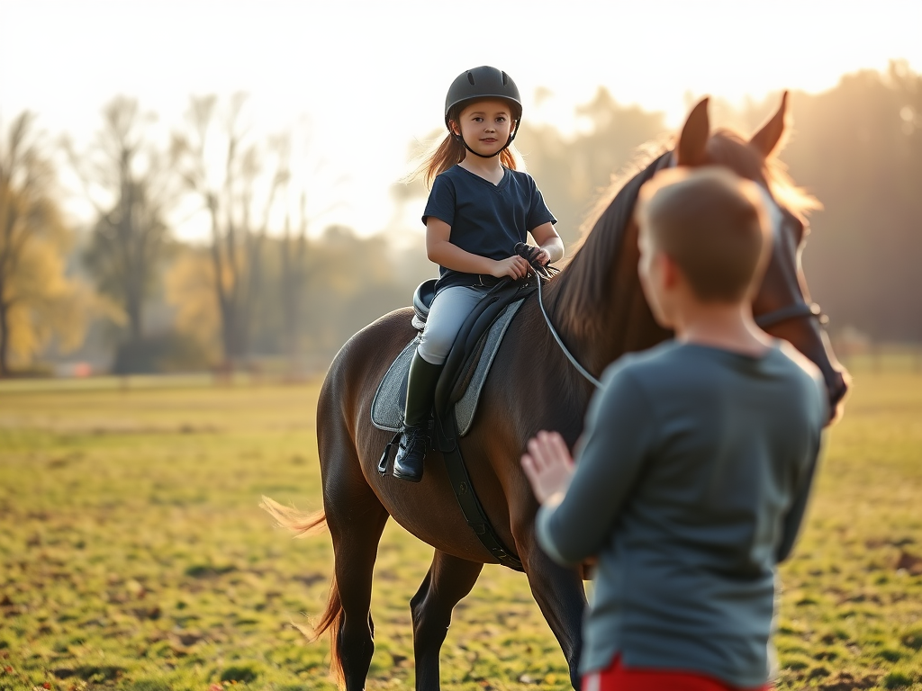 "young rider" "calm expression" "horse in gentle motion" "peaceful training field" "sunlight filtering through trees" "breathing exercises pose" "relaxed, focused atmosphere" "goal-setting with supportive mentor" "growth and confidence themes"