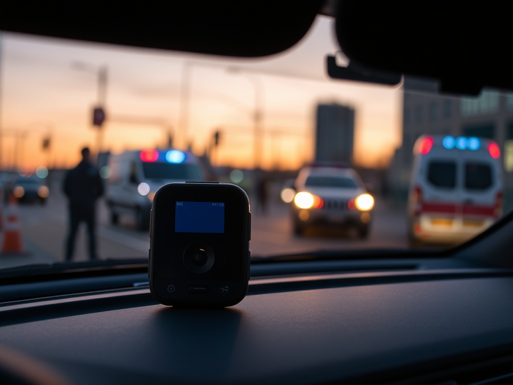 "A sleek, portable Blu Eye GO device on a car dashboard, subtle glow, urban dusk backdrop, hint of police/ambulance silhouettes in distance, modern tech aesthetic."