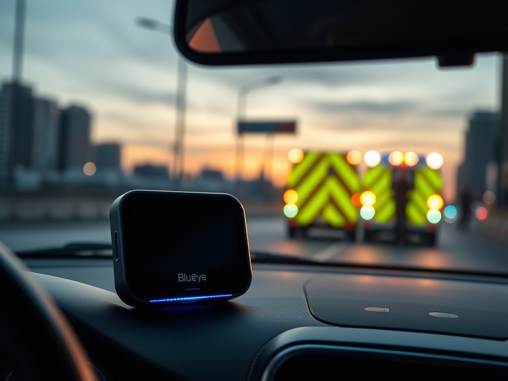 "A sleek, portable Blu Eye GO device on a car dashboard, subtle glow, urban dusk backdrop, hint of police/ambulance silhouettes in distance, modern tech aesthetic."