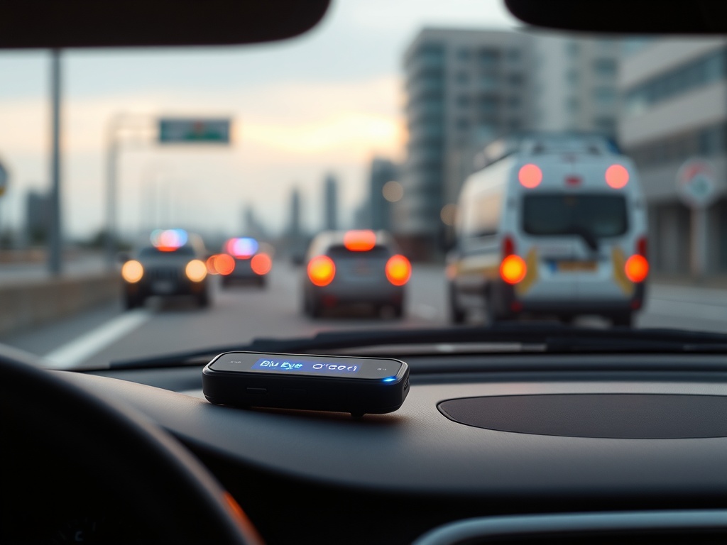 "A portable Blu Eye GO device on a car dashboard, subtle glow alerts, urban roadway with distant emergency vehicles, soft focus, modern tech aesthetic."