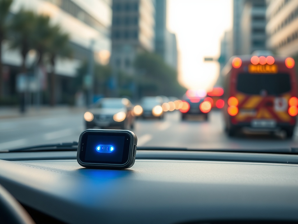 "A portable Blu Eye GO device on a car dashboard, subtle glow alerts, urban roadway with distant emergency vehicles, soft focus, modern tech aesthetic."