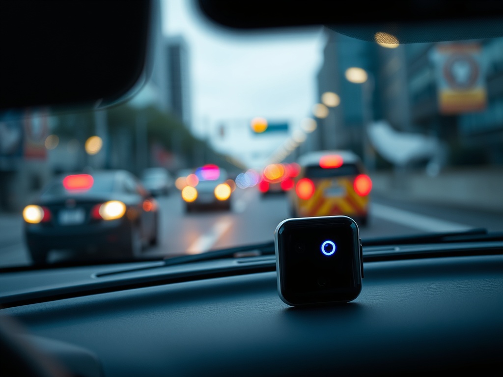 "A portable Blu Eye GO device on a car dashboard, subtle glow alerts, urban roadway with distant emergency vehicles, soft focus, modern tech aesthetic."