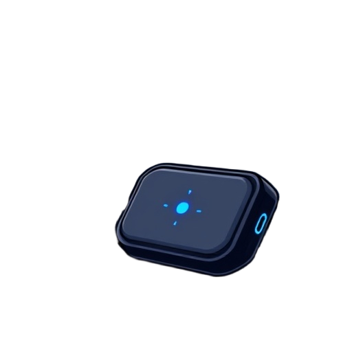 "Blu Eye GO" car device depicted as a small, portable, palm-sized gadget perched on a car dashboard. Show a sleek, compact rectangular housing with rounded edges, subtle blue accents, and a glowing blue indicator light. Surrounding scene features a transl