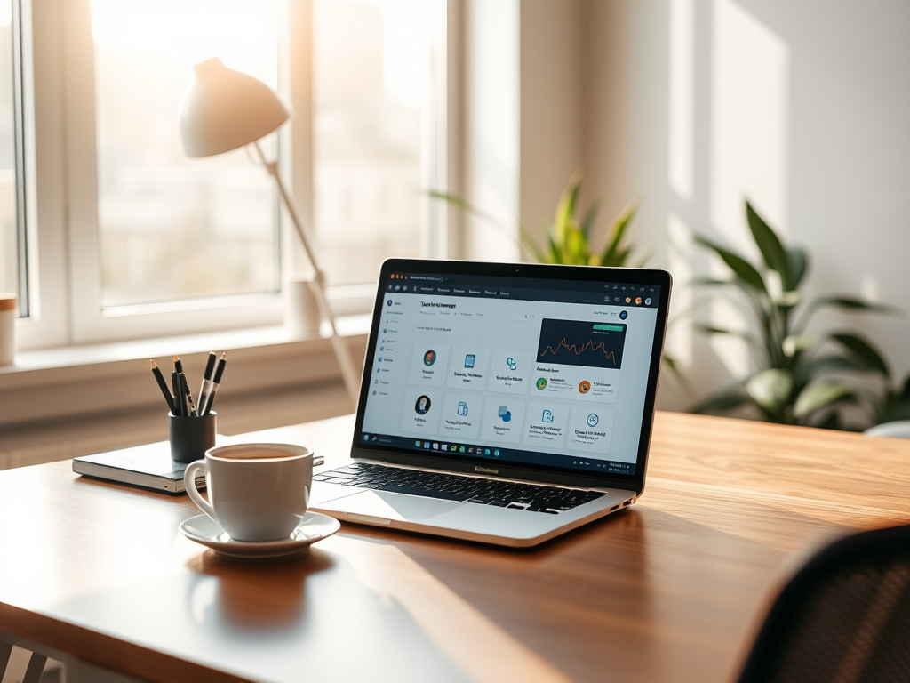 Een modern kantoor met een laptop en koffie.