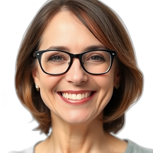 Een persoon met een glimlach voor een witte achtergrond.