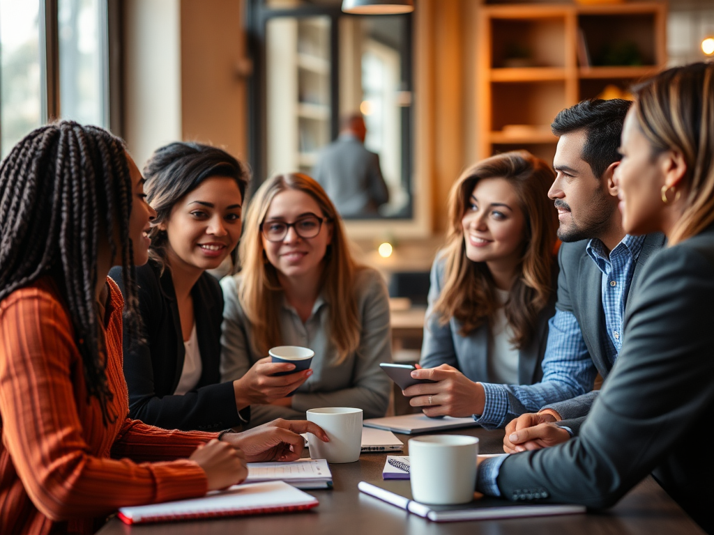 Een diverse groep professionals in een gezellige discussie.