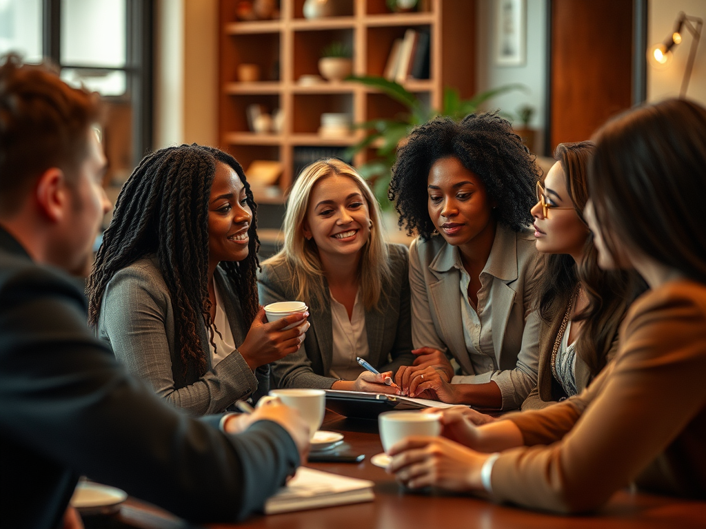 Een diverse groep professionals in een overleg met koffie.