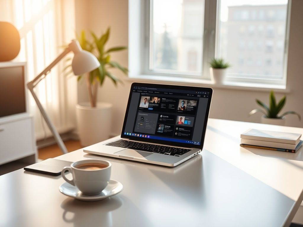Een modern kantoor met een laptop en koffie.