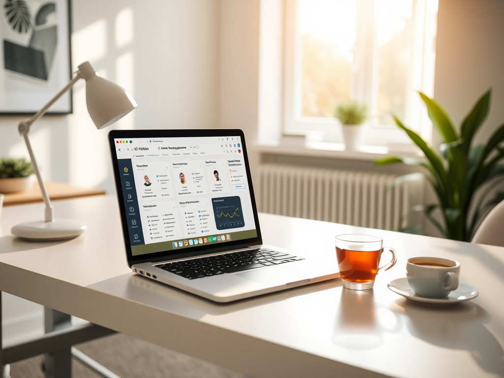 Een modern kantoor met een laptop en koffie.