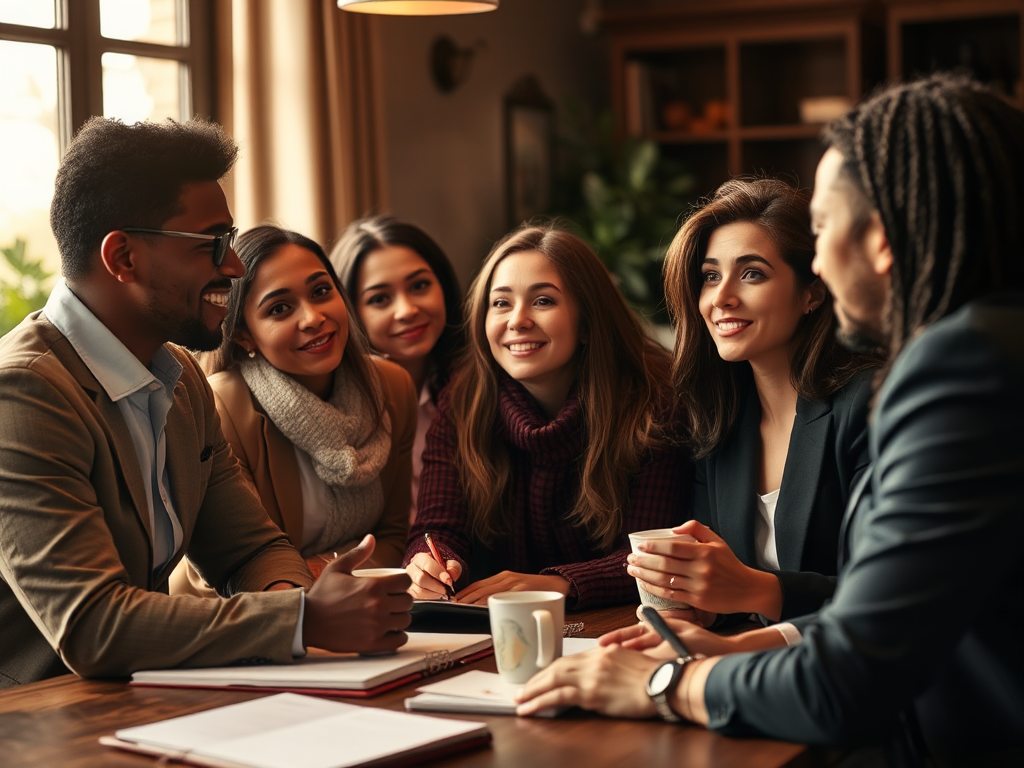 Een diverse groep professionals in een samenwerkingsgesprek.