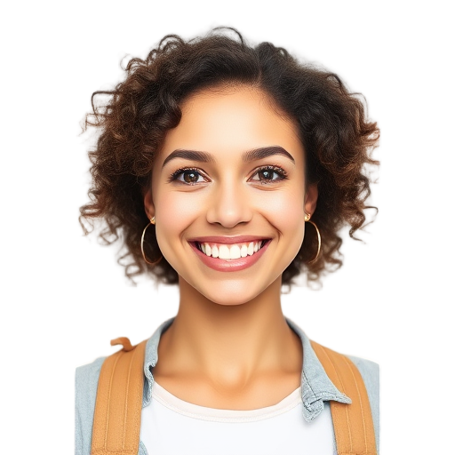 Een persoon met een brede glimlach tegen een witte achtergrond.