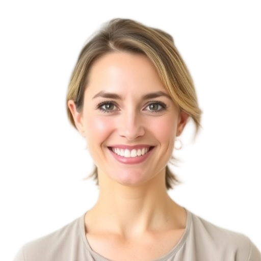A person smiling to the camera with a white background looking like