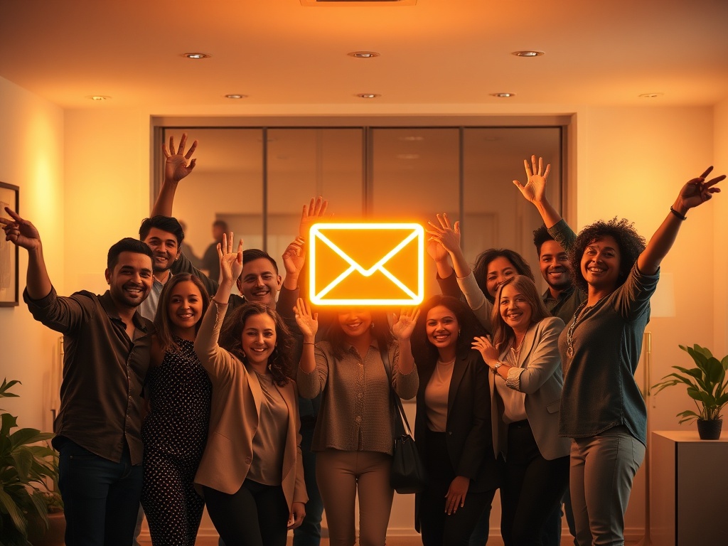 "a diverse team celebrating around a glowing email icon" "warm, professional office" "soft golden lighting" "modern, secure vault motif" "inviting, minimalist composition"