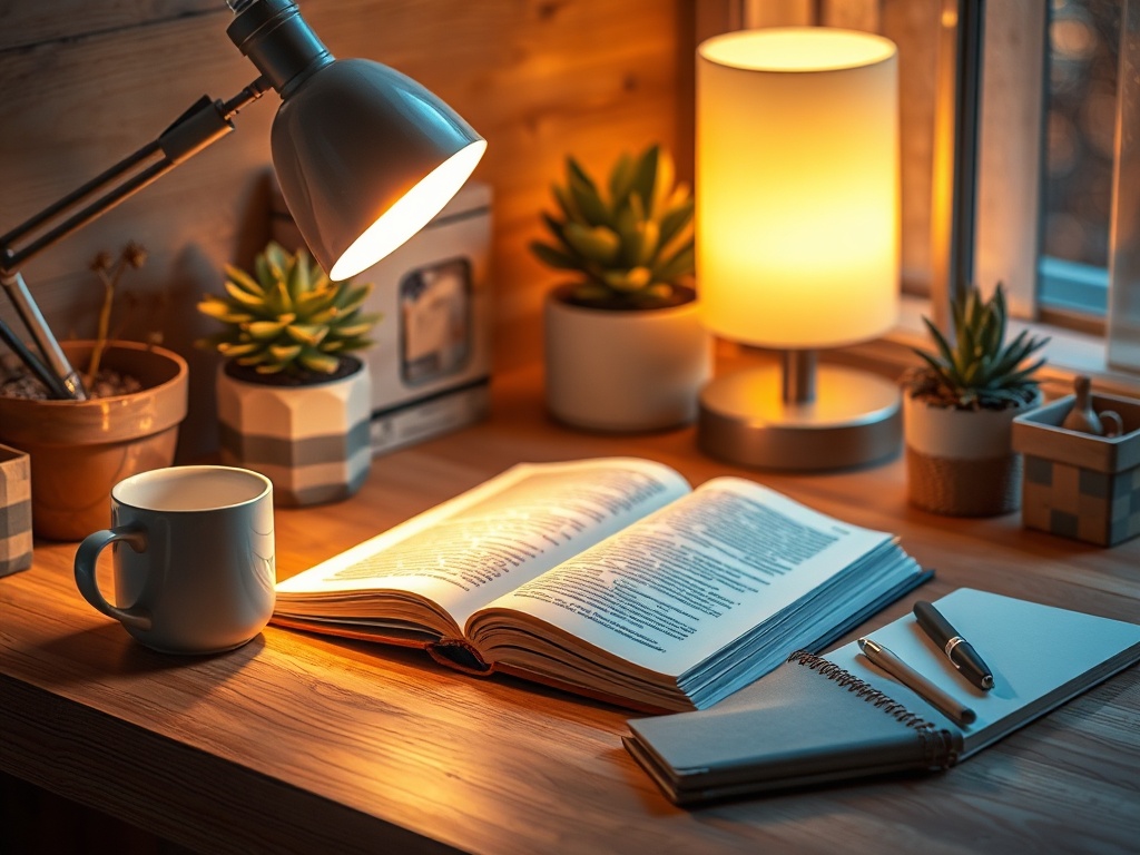 "Warm cozy desk" "open e-book glowing" "soft lamp light" "coffee mug" "plants" "notebook with pen" "warm wood textures" "evening ambiance"